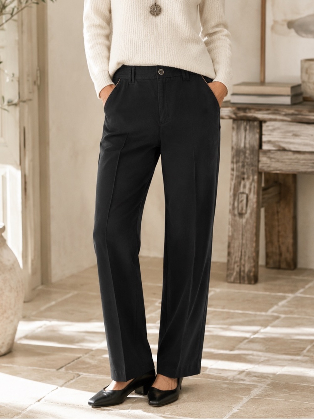 Soft Surroundings Black Pants Sz 6 Faux Leather Trim Stretch Classic Minimalist